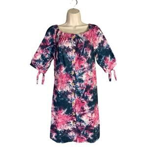 Women's Tie Dye Button-Up Knee Length Dress Multicolor Size‎ L Vintage